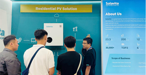 Solavita overseas team explaining residential PV inverter working principles at solar exhibition booth, showcasing global business and technology solutions