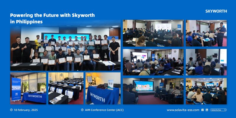 Skyworth event in Philippines, training and product showcase at AIM Conference Center with certificates and live discussions on solar and energy storage solutions