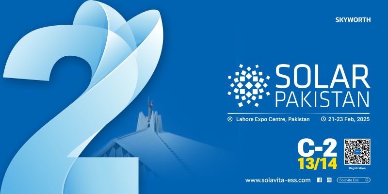 Skyworth promoting solar energy solutions at Solar Pakistan 2025 in Lahore, featuring inverters and energy storage systems at booth C-2 13/14