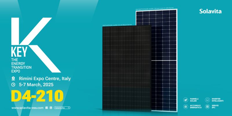 Solavita's solar panels showcased at KEY Energy Transition Expo 2025 in Italy, highlighting high-efficiency panels with black and white frames