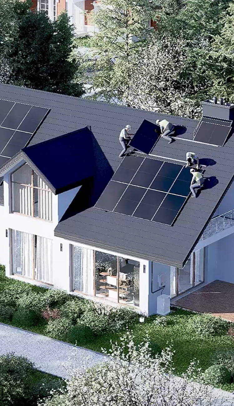 Solavita EPC team  are installing rooftop solar panels on modern European house, promoting clean residential energy solutions