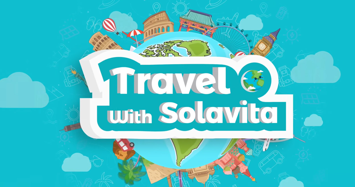 Travel with Solavita brand campaign illustration featuring famous global landmarks and Solavita logo